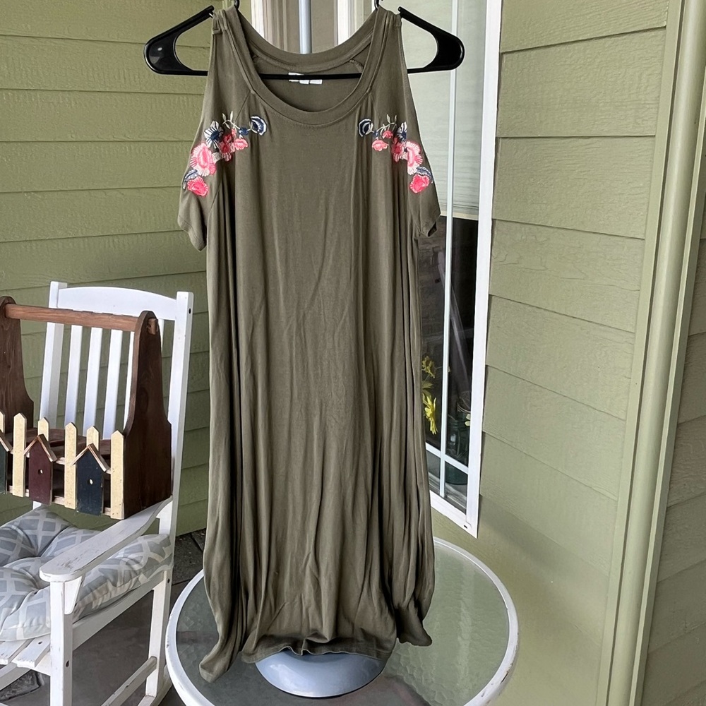 Maurices Olive Asymmetrical Dress with Pink Floral Accents
